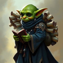 A green, small bald goblin male dressed in long dark blue robes with delicate beige accents, adorned with intricate silver jewelry