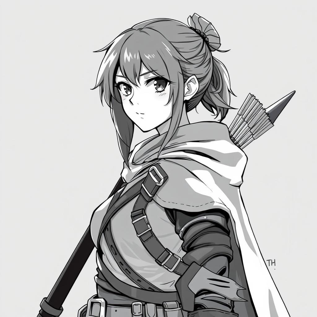 Anime style greyscale illustration of a female human ranger, depicted from the shoulders up