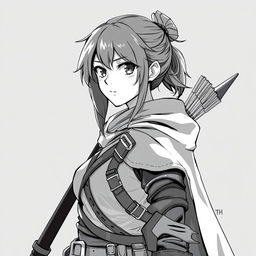 Anime style greyscale illustration of a female human ranger, depicted from the shoulders up