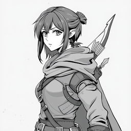 Anime style greyscale illustration of a female human ranger, depicted from the shoulders up