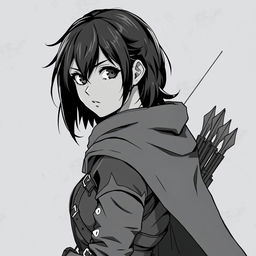 Anime style greyscale illustration of a female human ranger, depicted from the shoulders up