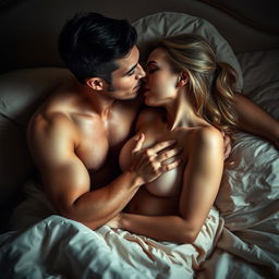 A passionate and intimate scene on a bed featuring a man gently kissing a woman's nipples while simultaneously caressing her breasts