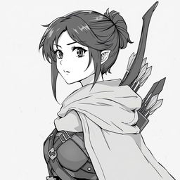 Anime style greyscale illustration of a female human ranger, depicted from the shoulders up