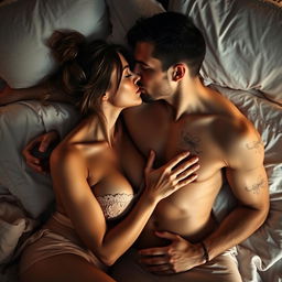 A passionate and intimate scene on a bed featuring a man gently kissing a woman's nipples while simultaneously caressing her breasts