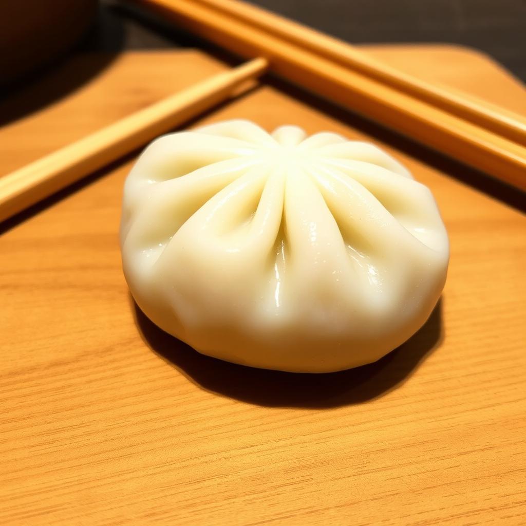 A cute, plump dumpling with a smooth and glossy surface, resting on a wooden board