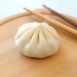 A cute, plump dumpling with a smooth and glossy surface, resting on a wooden board