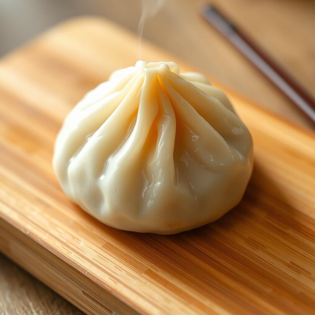 A cute, plump dumpling with a smooth and glossy surface, resting on a wooden board