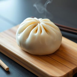 A cute, plump dumpling with a smooth and glossy surface, resting on a wooden board