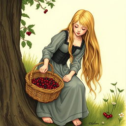 A medieval peasant girl of 18 years old with long blonde hair, gathering berries and placing them into a wicker basket