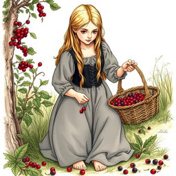 A medieval peasant girl of 18 years old with long blonde hair, gathering berries and placing them into a wicker basket