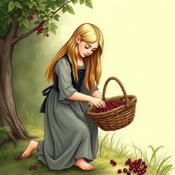 A medieval peasant girl of 18 years old with long blonde hair, gathering berries and placing them into a wicker basket