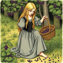 A medieval peasant girl of 18 years old with long blonde hair, gathering berries and placing them into a wicker basket