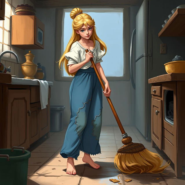 Cinderella sweeping the kitchen with a broom, she has long blonde hair, wearing a dirty white shirt, long blue pants that are torn and patched, and is barefoot