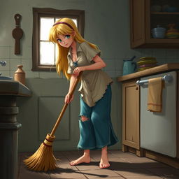 Cinderella sweeping the kitchen with a broom, she has long blonde hair, wearing a dirty white shirt, long blue pants that are torn and patched, and is barefoot