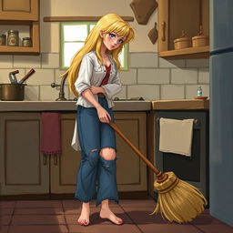 Cinderella sweeping the kitchen with a broom, she has long blonde hair, wearing a dirty white shirt, long blue pants that are torn and patched, and is barefoot