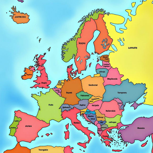 A detailed political map of Europe, showing countries, major cities, and borders, in vibrant colors