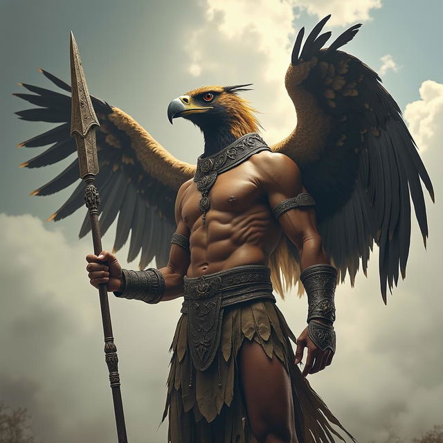 A majestic half-human, half-eagle warrior stands proudly, embodying a fusion of strength and elegance