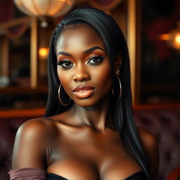 A sensual portrait of a beautiful ebony woman, exuding confidence and allure, with smooth, radiant skin and striking features