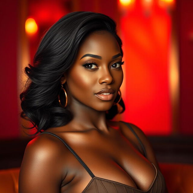 A sensual portrait of a beautiful ebony woman, exuding confidence and allure, with smooth, radiant skin and striking features