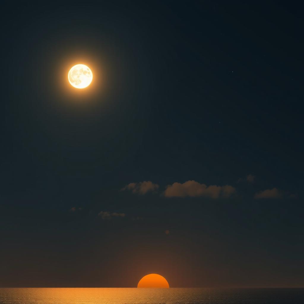 A serene night sky with a bright, full moon and a golden sun setting at the horizon