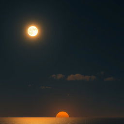 A serene night sky with a bright, full moon and a golden sun setting at the horizon