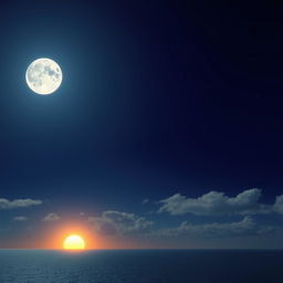 A serene night sky with a bright, full moon and a golden sun setting at the horizon