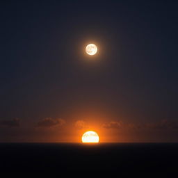 A serene night sky with a bright, full moon and a golden sun setting at the horizon