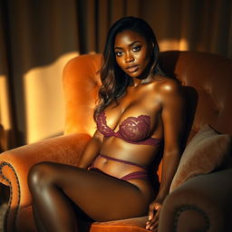 A sensual ebony woman in a private and intimate setting, sitting comfortably on a luxurious velvet armchair