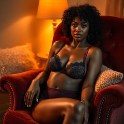 A sensual ebony woman in a private and intimate setting, sitting comfortably on a luxurious velvet armchair