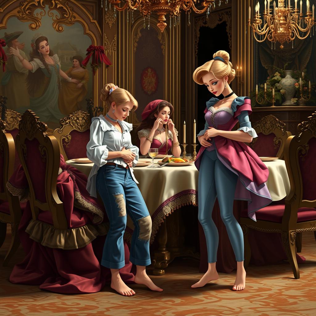 Cinderella stands to the side holding her stomach, watching her stepmother and stepsisters sitting and eating at the dining table