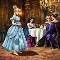 Cinderella stands to the side holding her stomach, watching her stepmother and stepsisters sitting and eating at the dining table