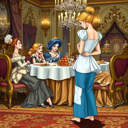 Cinderella stands to the side holding her stomach, watching her stepmother and stepsisters sitting and eating at the dining table