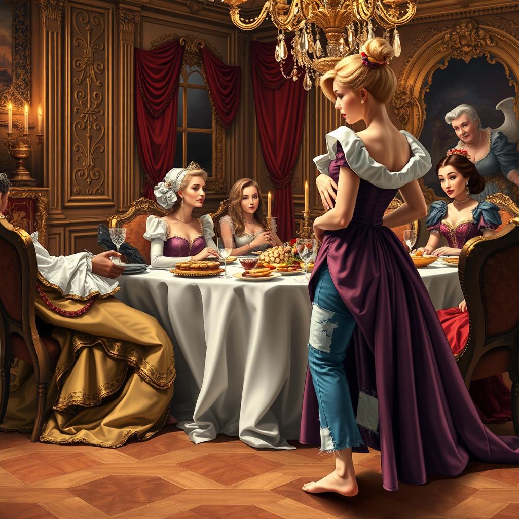 Cinderella stands to the side holding her stomach, watching her stepmother and stepsisters sitting and eating at the dining table