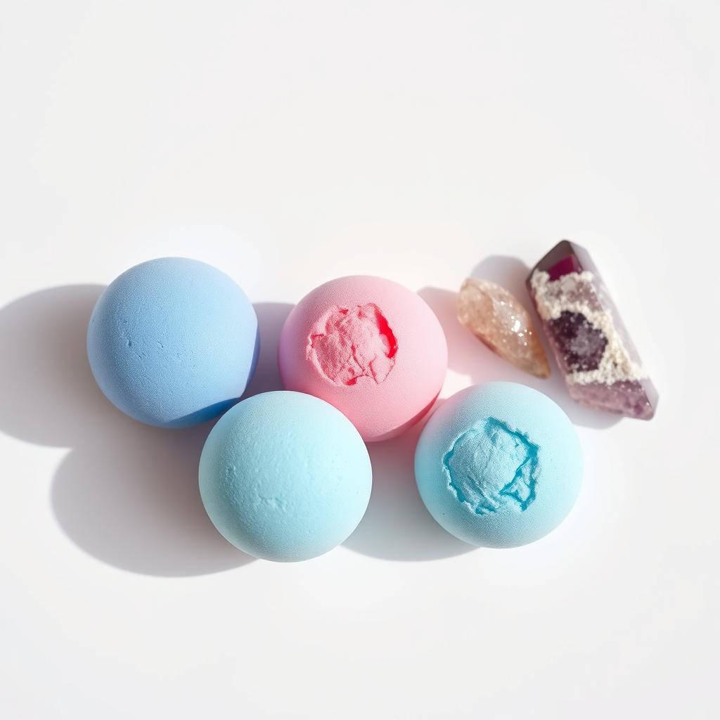 A minimalist and elegant arrangement of vibrant bath bombs and sparkling crystals on a clean white backdrop