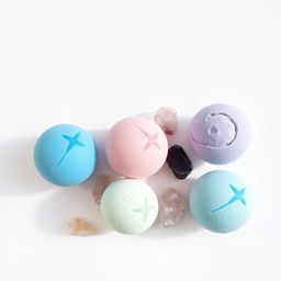 A minimalist and elegant arrangement of vibrant bath bombs and sparkling crystals on a clean white backdrop