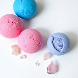 A minimalist and elegant arrangement of vibrant bath bombs and sparkling crystals on a clean white backdrop