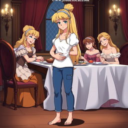 Anime style depiction of Cinderella standing and holding her stomach while watching her stepmother and stepsisters seated at the table eating