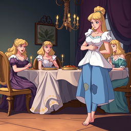 Anime style depiction of Cinderella standing and holding her stomach while watching her stepmother and stepsisters seated at the table eating