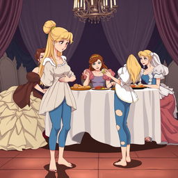 Anime style depiction of Cinderella standing and holding her stomach while watching her stepmother and stepsisters seated at the table eating