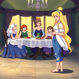 Anime style depiction of Cinderella standing and holding her stomach while watching her stepmother and stepsisters seated at the table eating