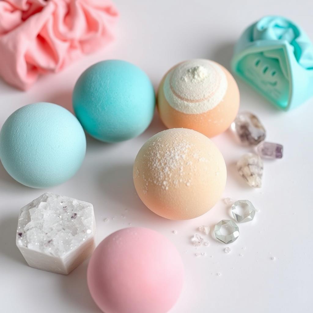 A minimalist and elegant arrangement of vibrant bath bombs and sparkling crystals on a clean white backdrop