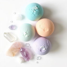 A minimalist and elegant arrangement of vibrant bath bombs and sparkling crystals on a clean white backdrop