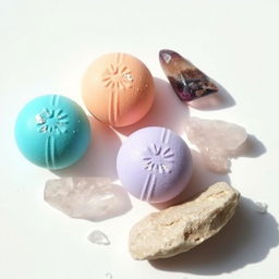 A minimalist and elegant arrangement of vibrant bath bombs and sparkling crystals on a clean white backdrop