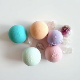 A minimalist and elegant arrangement of vibrant bath bombs and sparkling crystals on a clean white backdrop