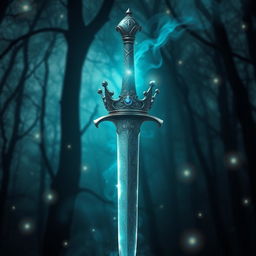 A mystical dagger with a crown elegantly embedded on the pommel, surrounded by an ethereal aura of magic