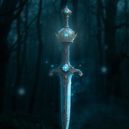 A mystical dagger with a crown elegantly embedded on the pommel, surrounded by an ethereal aura of magic