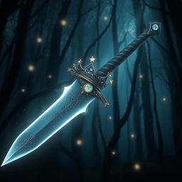 A mystical dagger with a crown elegantly embedded on the pommel, surrounded by an ethereal aura of magic