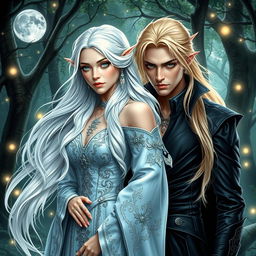 A captivating fantasy romance book cover featuring a regal white-haired elven princess and a mysterious blonde-haired elven assassin