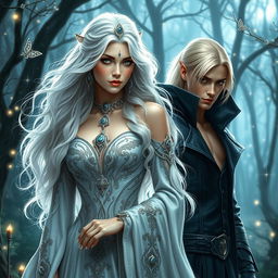 A captivating fantasy romance book cover featuring a regal white-haired elven princess and a mysterious blonde-haired elven assassin