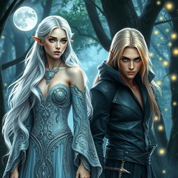 A captivating fantasy romance book cover featuring a regal white-haired elven princess and a mysterious blonde-haired elven assassin